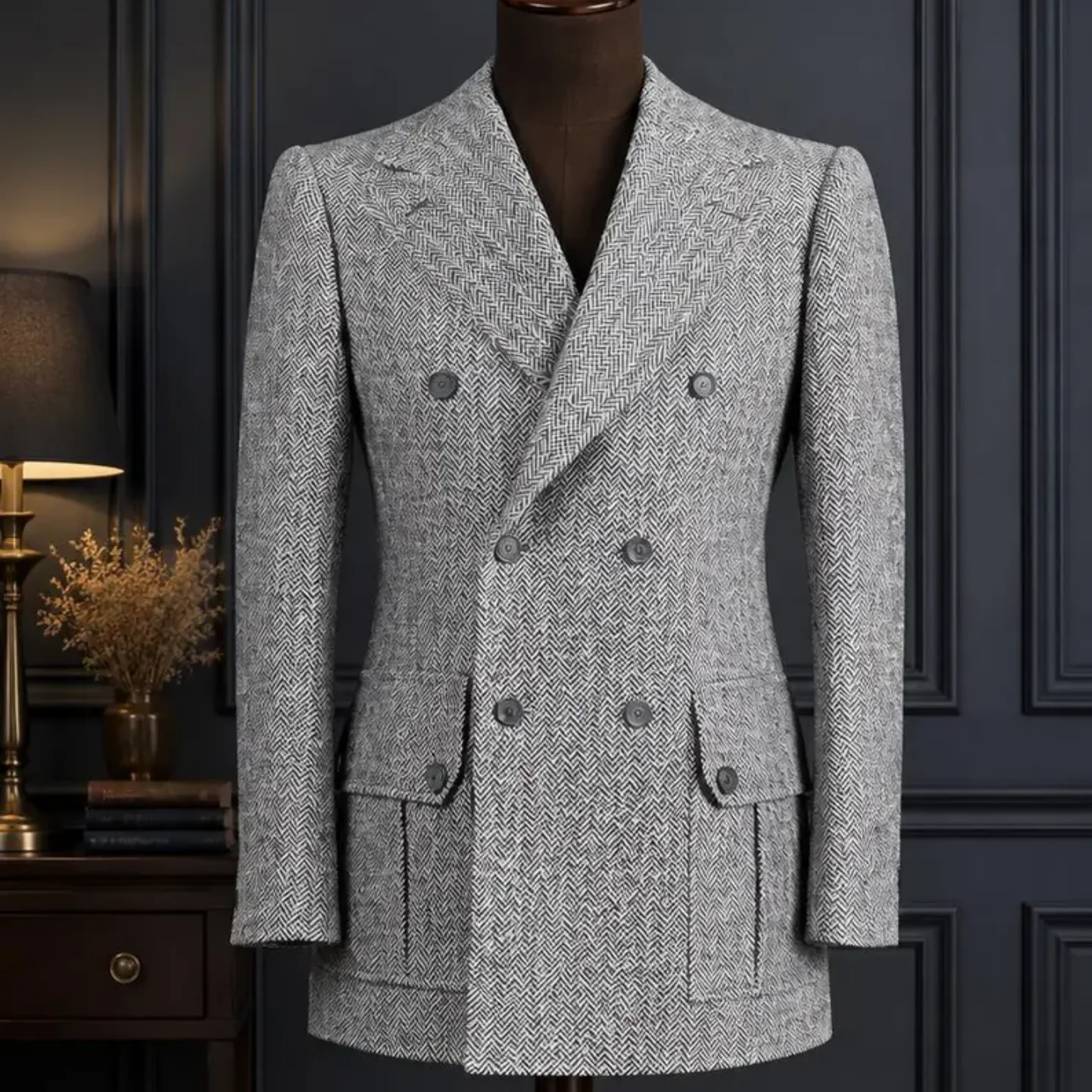 Men Grey White Herringbone Double Breasted Blazer Wide Peak Lapel Flap Patch Pockets Tweed Wool Sport Coat Groom Customized