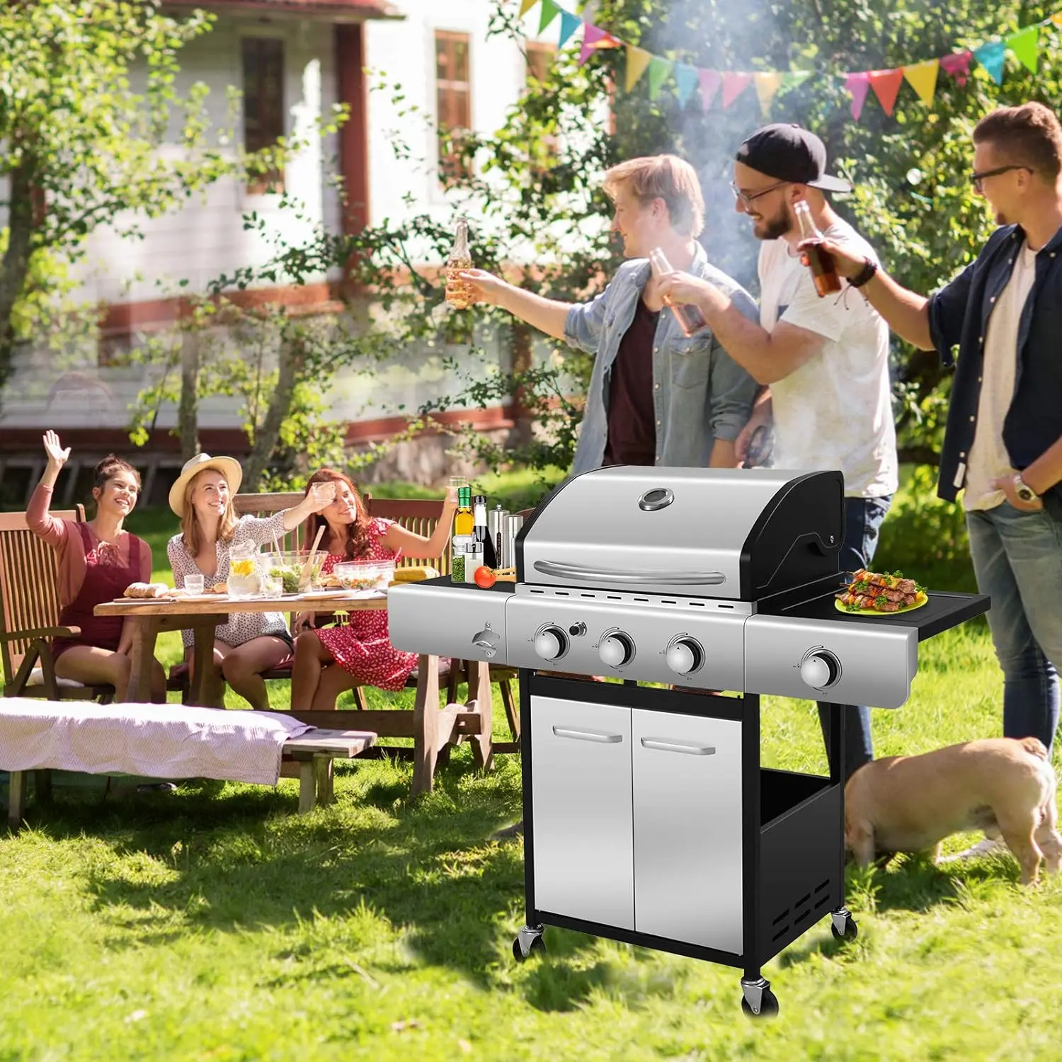 Four Burners Liquid Propane Gas Grill, BBQ Gas Grill With Stainless Steel, Gas BBQ Wagon For Outdoor Use