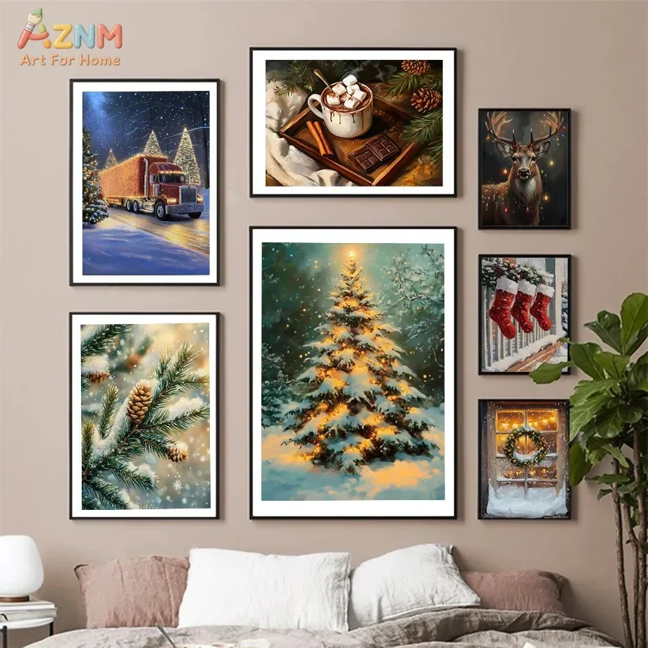 AZNM Christmas Winter Canvas Wall Art Xmas Tree Reindeer Truck Hot Cocoa Pine Cone Holiday Warm Art Print Poster Home Seasonal D