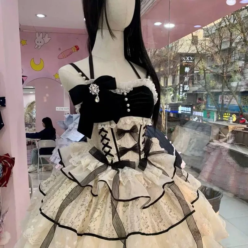 

Y2k милое черное платье Лолиты, женская повседневная одежда, японское кавайное платье, вечерняя одежда, винтажная шикарная верхняя одежда, летняя одежда для девочек