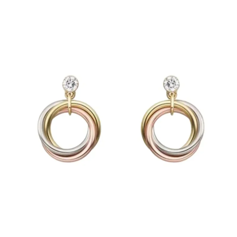 

Tri-Color Rolling Ring Drop Earrings with Round Diamond Studs