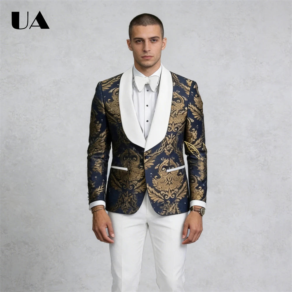 

Gold Embroidery 2 PCS Suit Set for Men, Shawl Neck One Button Suit Jacket Pants Set, Cusotmized Colors Tailored Size Tuxedo