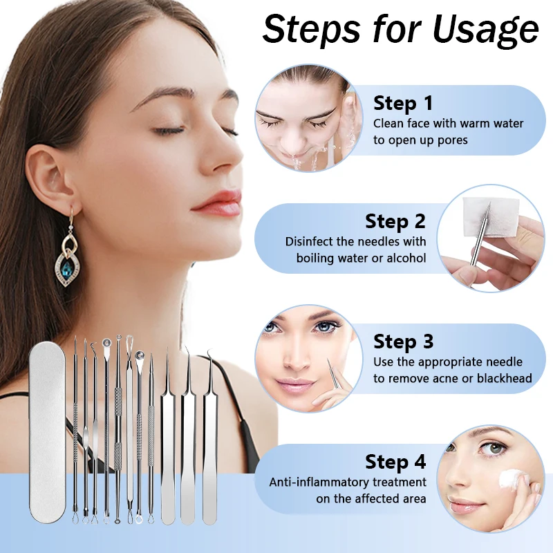Kit d'aiguilles pour l'élimination des points noirs d'acné, 11 pièces, boutons cellulaires, pince à épiler, extracteur de imperfections, cadeau de beauté pour la peau du visage