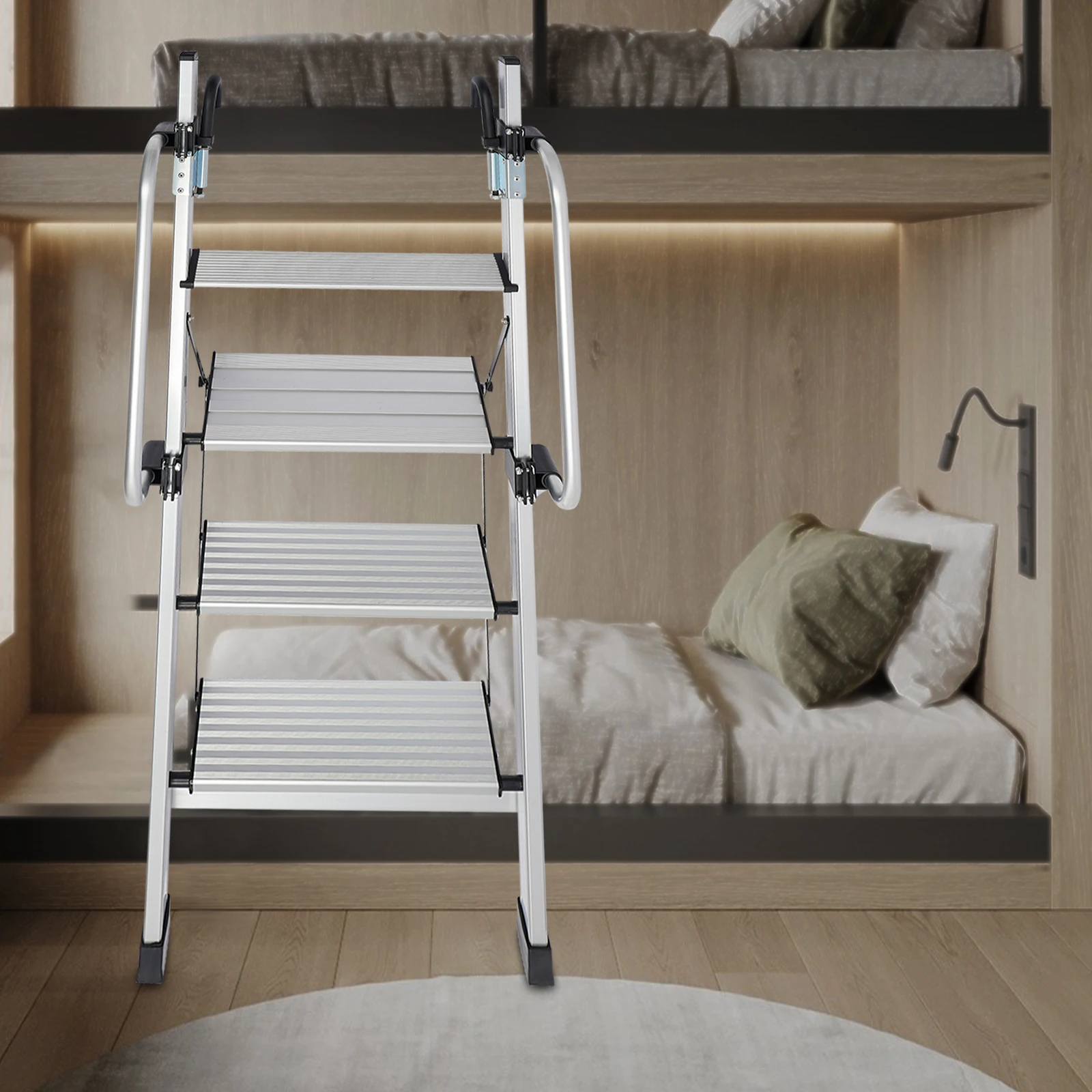 Stylish&Easy-Clean 4-Step Ladder - Silver Modern Design Blends Into Home Styles, Smooth Surface Wiped With Damp Rag