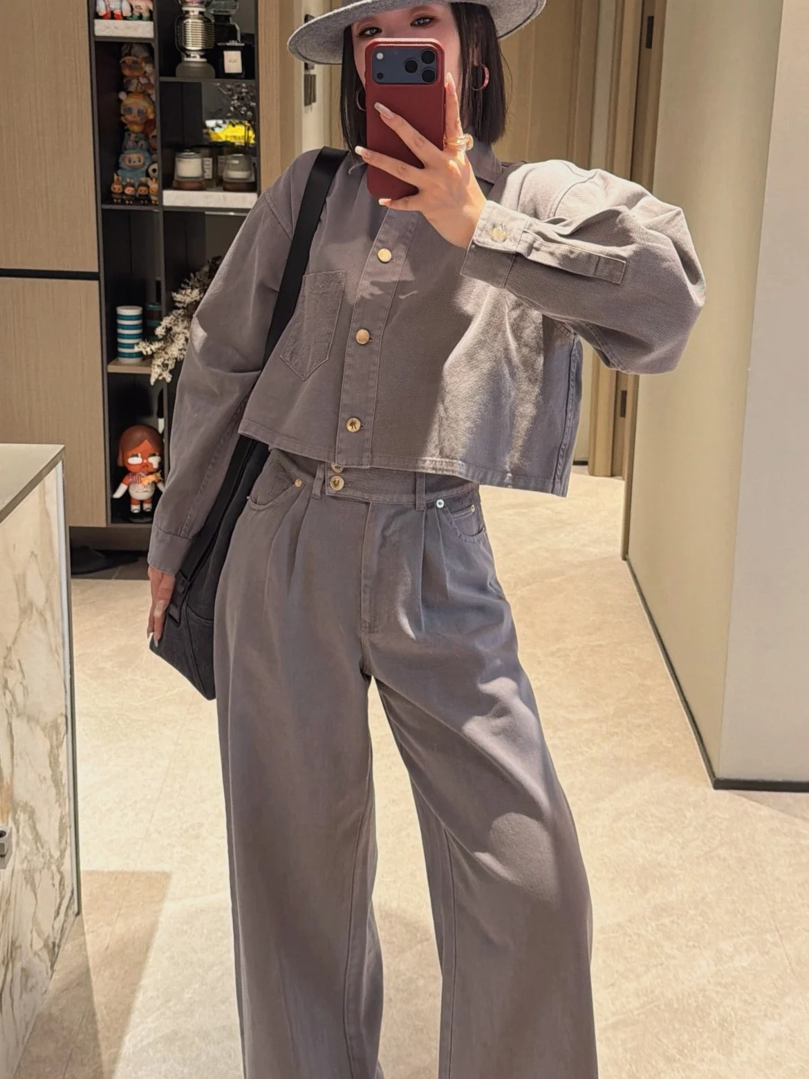 

Early Spring New Style Embroidered Simple Turn-down Collar Long Sleeve Denim Shirt High Waist Straight Leg Pants Women's Set