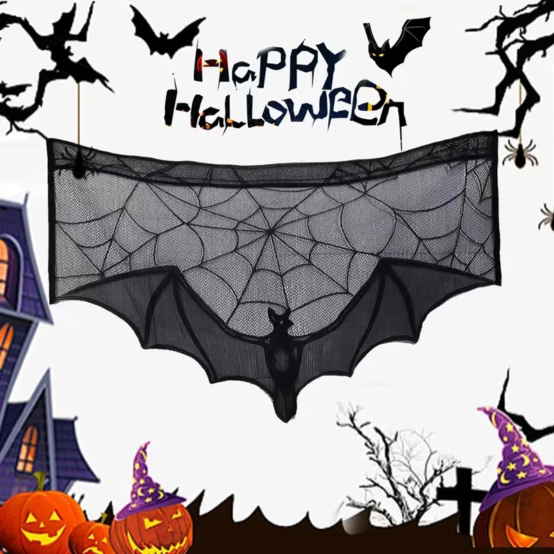 1 Piece Halloween Lace Curtain Black Bat Spider Tablecloth Fireplace Mantel Scarf Cover Halloween Home Room Spider Web Horror Decoration