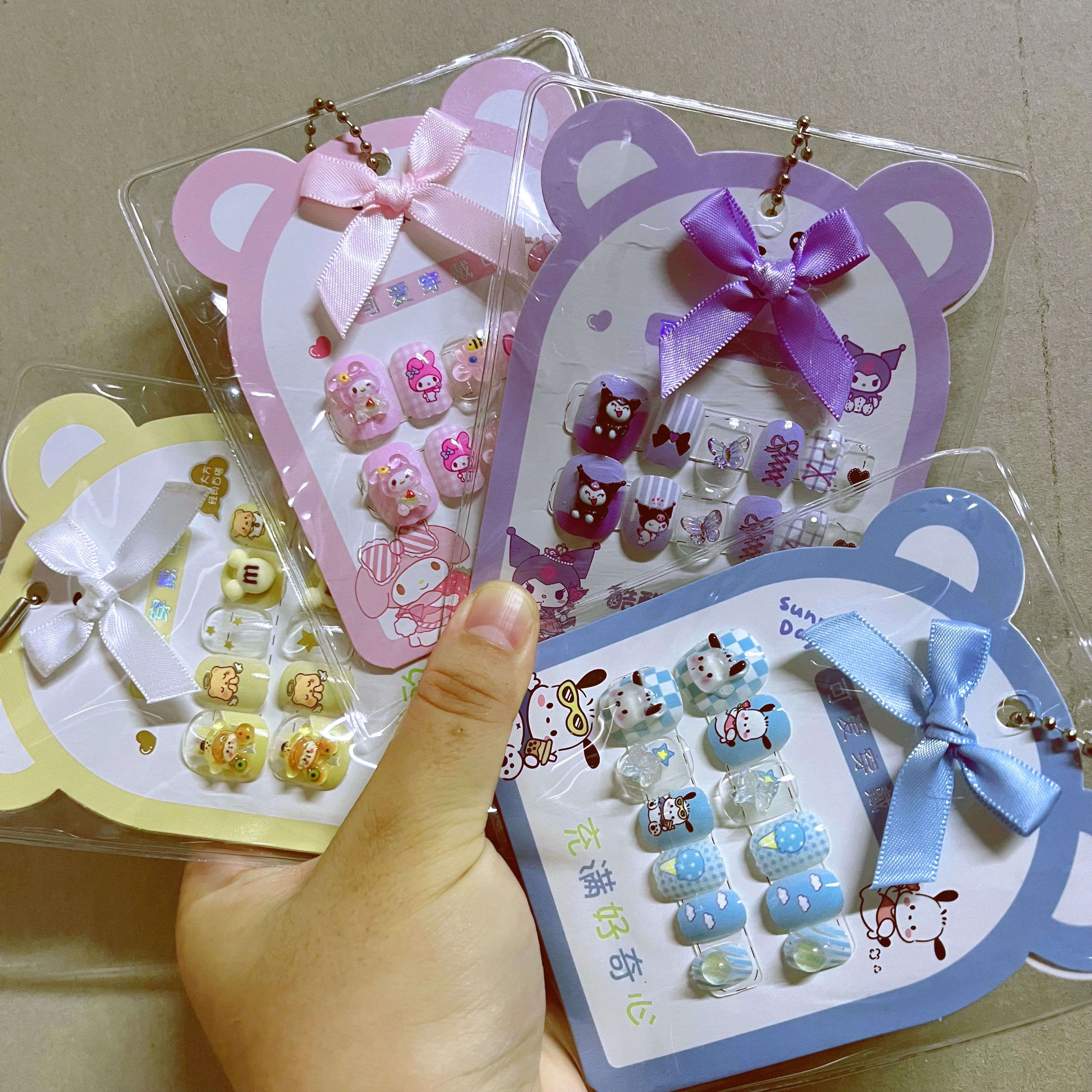 Uñas postizas de lujo hechas a mano para niños, 12 piezas, diseño de animales/Flores, herramienta de 3 piezas, pestañas adhesivas de pegamento para uñas