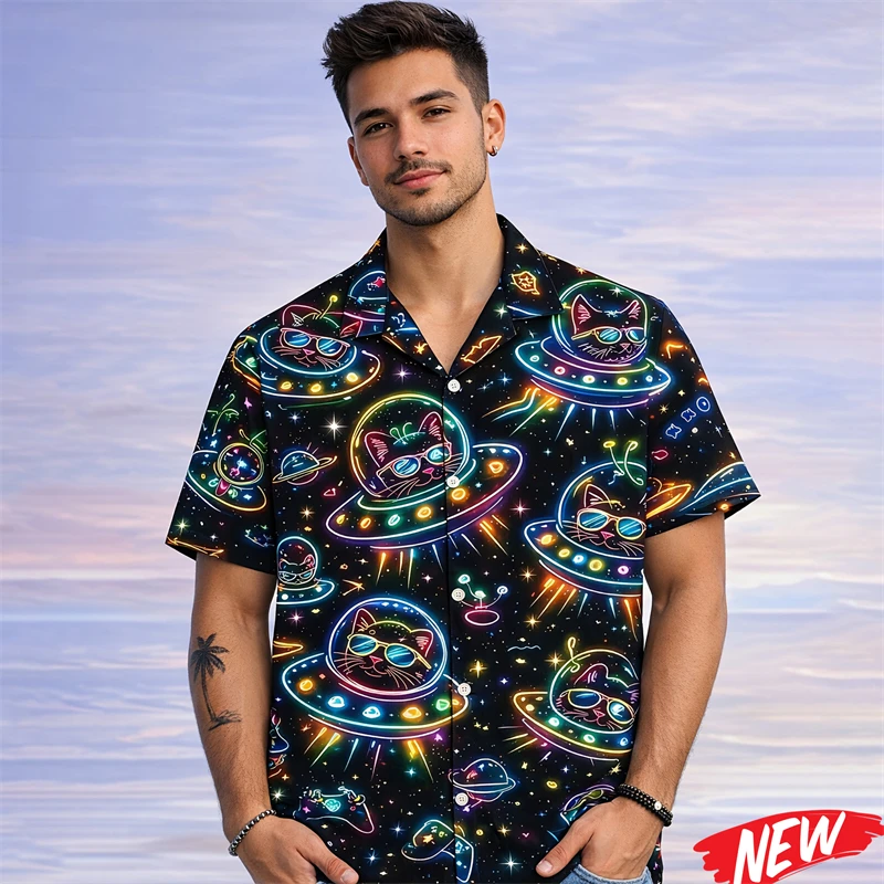 Camisa Hawaiana con Gráfico de Gato Neón para Hombre y Mujer, Primavera Verano, Playera de Manga Corta con Botones, Estampado 3D de Animales
