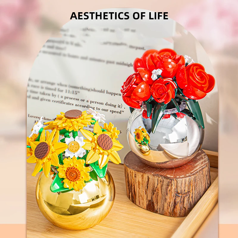 Anime Baustein Blumen Ewige Blume Topfpflanzen Rosen Desktop Dekorationen Sonnenblumen Spielzeug Zusammengebautes Puzzle Geschenke Mädchen