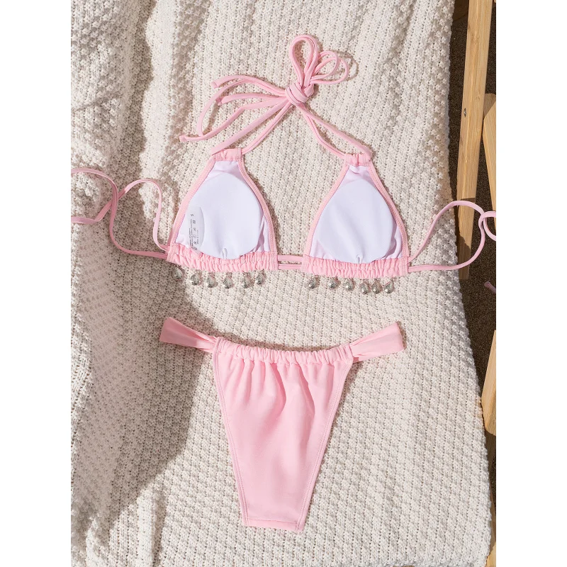 New Hot-Selling Two-Piece Swimsuit Set for Women, Pink Bikini with Gemstone Pendant