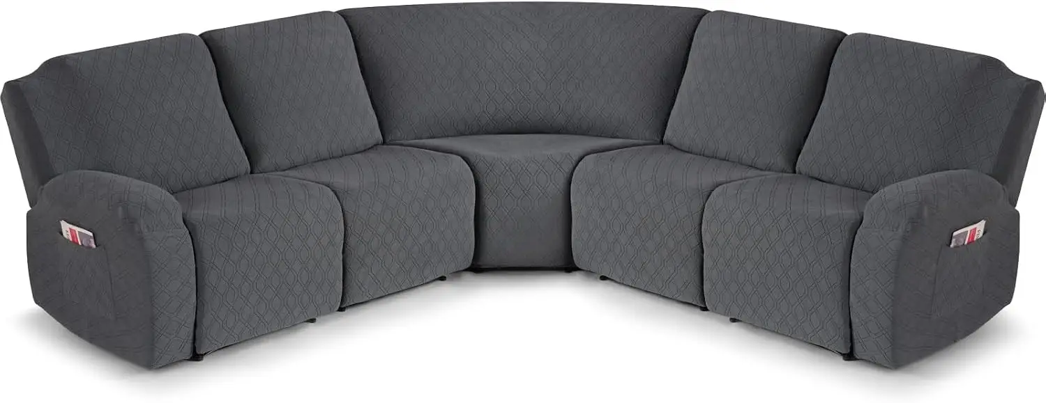 extra large 5 seat l shape sectional recliner cover charcoal gray thick soft washable non slip stretch slipcover