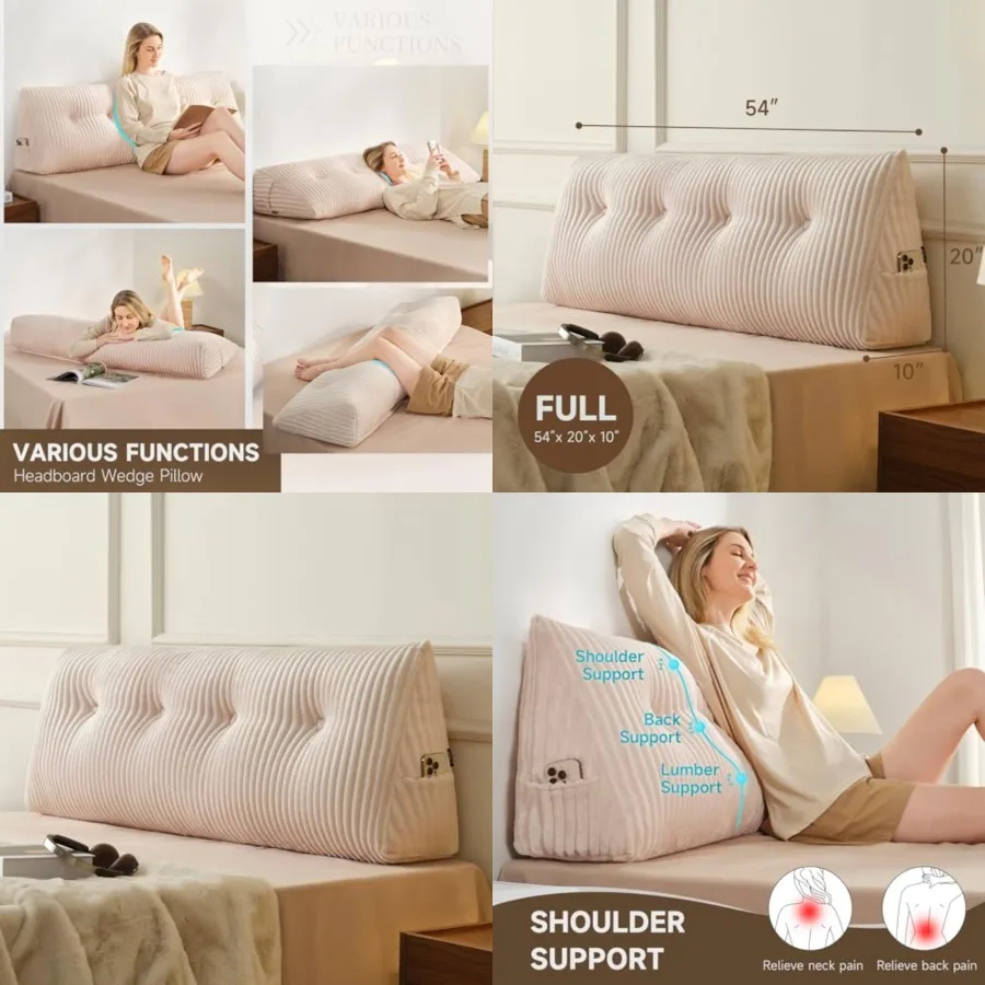 

Large Headboard Pillow Full, NO ROLL Pillow, Wedge Pillow Headboard for Sitting Up in Bed, Backrest Support Triangular Cushion for Reading, Gap Pillow w/Removable Washable Cover,Cream