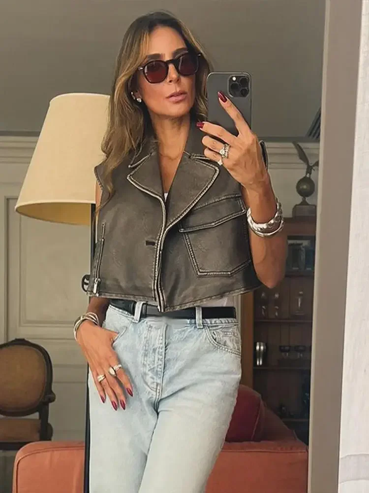 

Уличный однотонный кожаный жилет с карманами, женский свободный короткий женский топ без рукавов на молнии с лацканами, осень 202, женская повседневная модная верхняя одежда