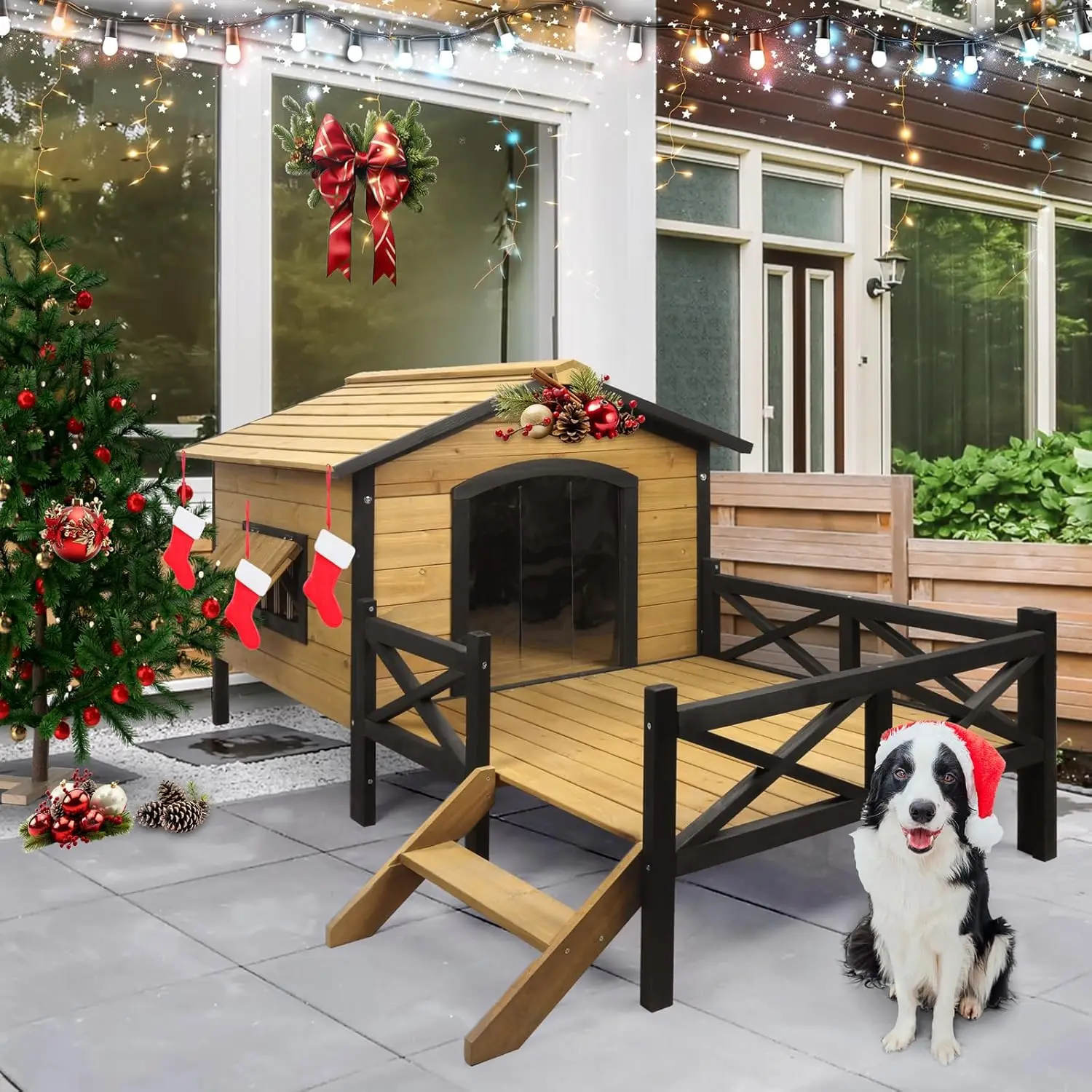 

Extreme Outback Log Cabin Dog Kennel with Elevated Floor and Porch, Weatherproof Wooden Dog Houses Pet Puppy Shelter for Small