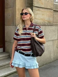 Chicheca Burgundy Striped Casual Women T-shirt Summer Loose Polo Shirts Buttons New Female Tops Blouse White Tops Spring Shirt