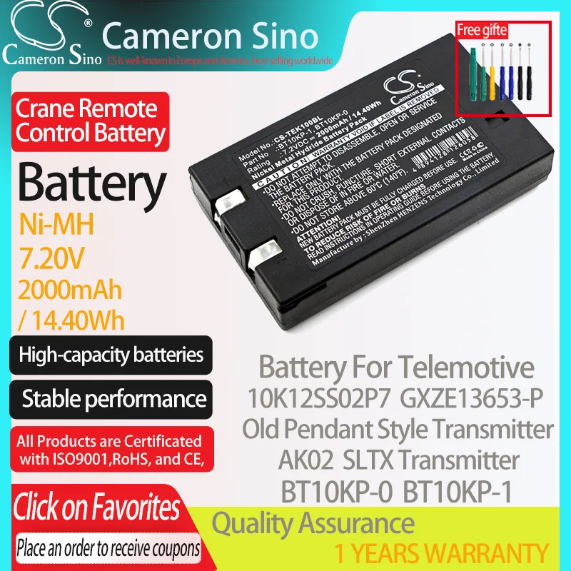 CameronSino Battery for Telemotive 10K12SS02P7 SLTX Transmitter AK02  fits Telemotive BT10KP-0 Crane Remote Control battery