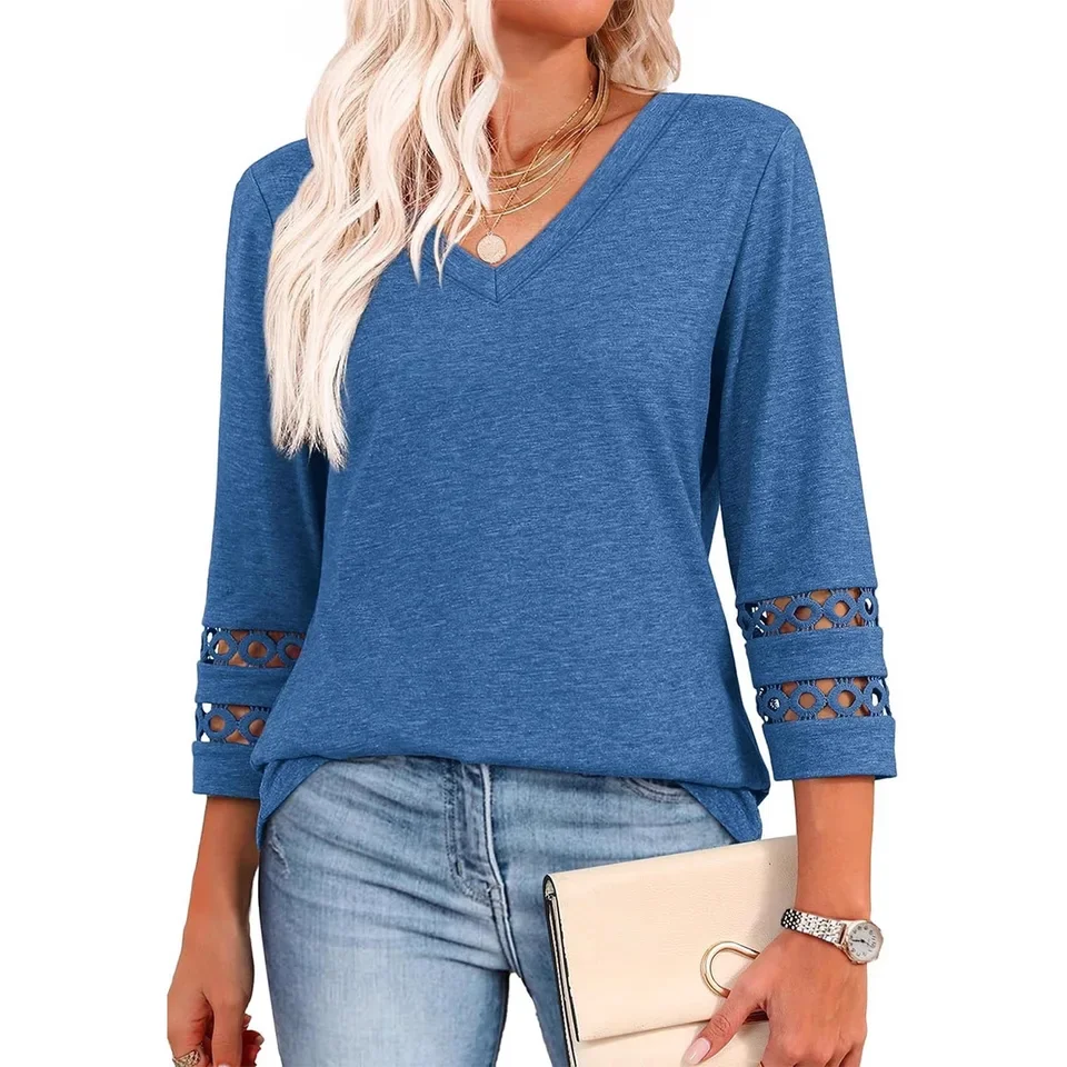 

2025 Roupas Femininas V-neck Solid Color Hollow Stitching Pullover T-shirt Women's Outdoor Commuting Date All-match Knitted Top