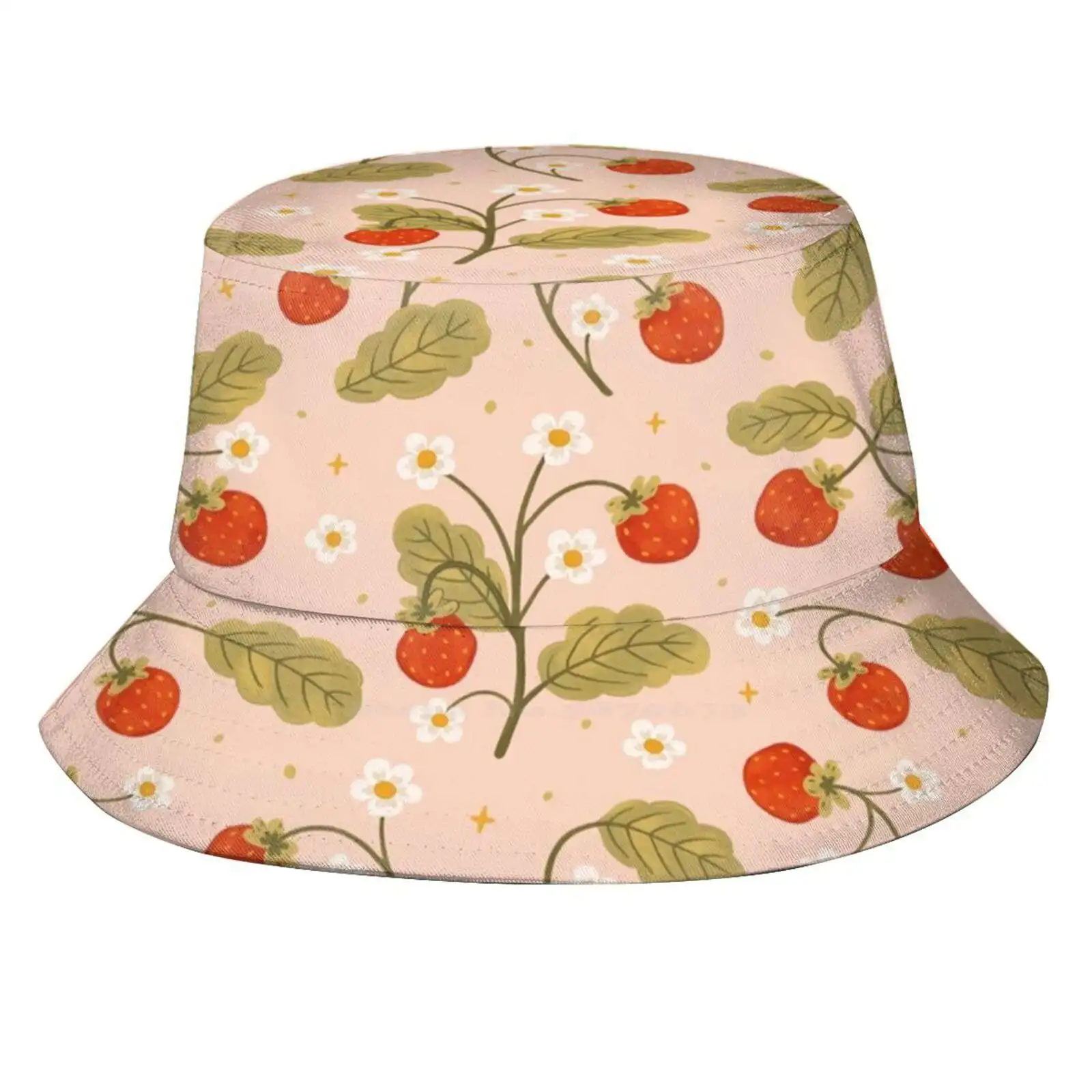 Sweet Strawberries Foldable Panama Bucket Hat Cap Strawberries Fruit Floral Aesthetic Cute Patterns Botanical Plants Garden