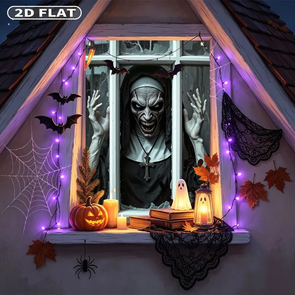2D FLAT 1pc Party Window Cover Banner, with Scary Nun Monster Behind Broken Window Glass, No Power Need Home Decor