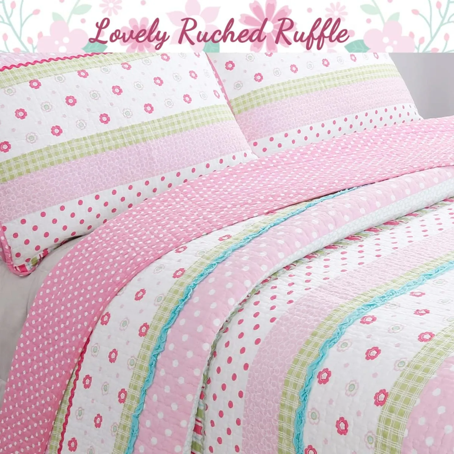 Pink Ruffle Flowers Polka Dot Girl 100% Cotton Reversible Quilt Bedding Set, Coverlet, Bedspread for All Seasons