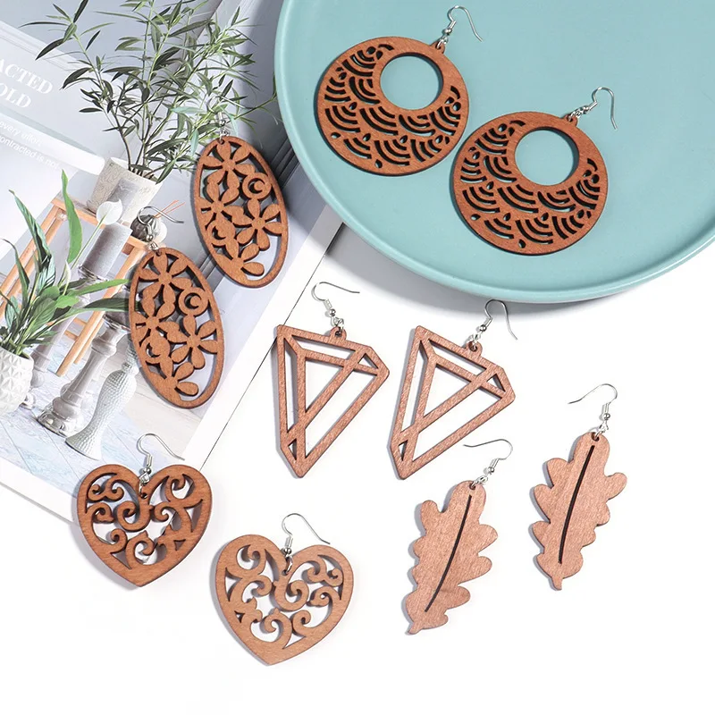 36 Styles Vintage Geometric Engraved Wooden Drop Earrings for Women Brown Color Leaf Round Butterfly Heart Jewelry Wholesale