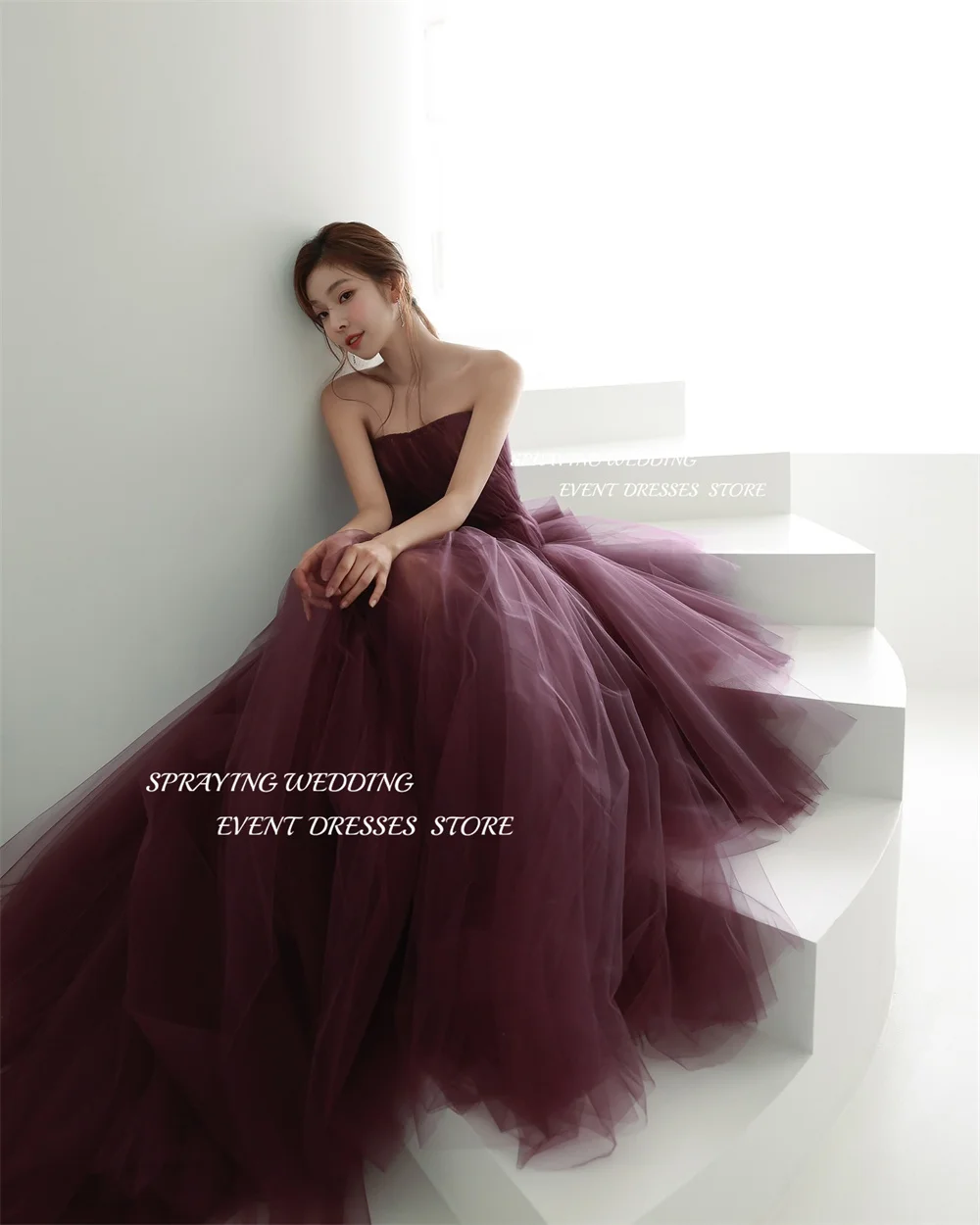 SPRAYING Purple Fairy Strapless Tulle Korea Wedding Photo Shoot Dresses A line Floor Length Customized Corset Prom Evening Dress