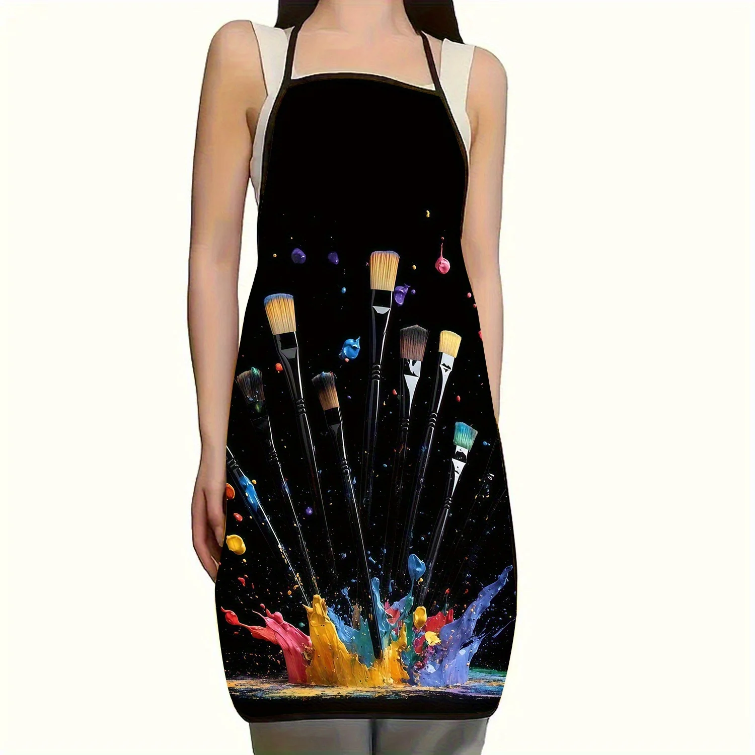 1pc Vibrant Splatter Paint Brush Print Apron - Thick Polyester, Black with Colorful Brush Strokes Design, Perfect for Cooking, B