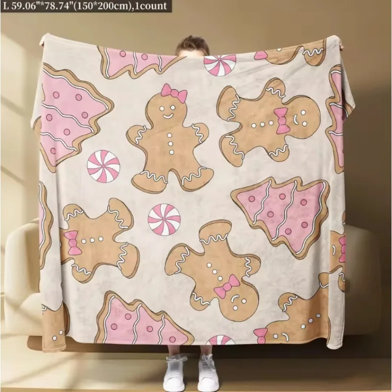 1pc Flannel Blanket Christmas Theme Pink Gingerbread Biscuit Pattern Can Be Used for Sofa Lunch Break Travel Holiday Gift