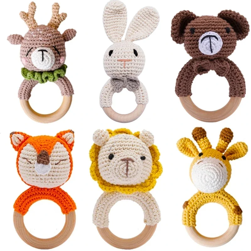 아기 래터 Molar 장난감 나무 이빨 크로 셰 뜨개질 동물 BPA 무료 딸랑이 장난감 신생아 Amigurumi Teether 아기 딸랑이 선물