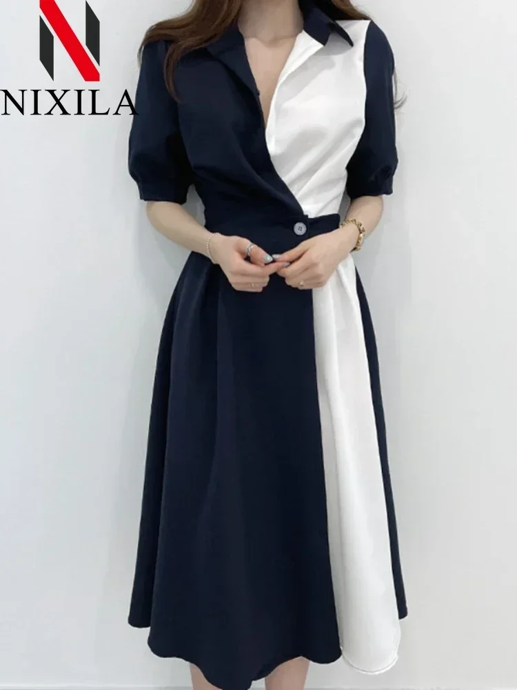 Elegante escritório feminino retalhos camisa vestido vintage a linha midi primavera verão roupas de manga curta para senhoras