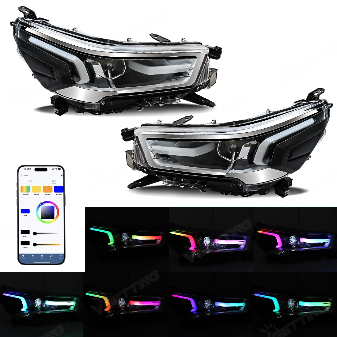 RGB LED Car Headlights Light Assembly For Toyota Hilux 2021 2022 2023 2024 Colorful Daytime Running Lights Turn Signal Lamps 12V
