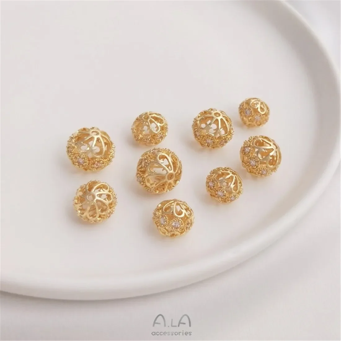 

14K Gold Inlaid Zircon Flower Ball Separated Beads Handmade DIY Flower Shaped Round Ball Loose Bead Bracelet Headpiece Accessory