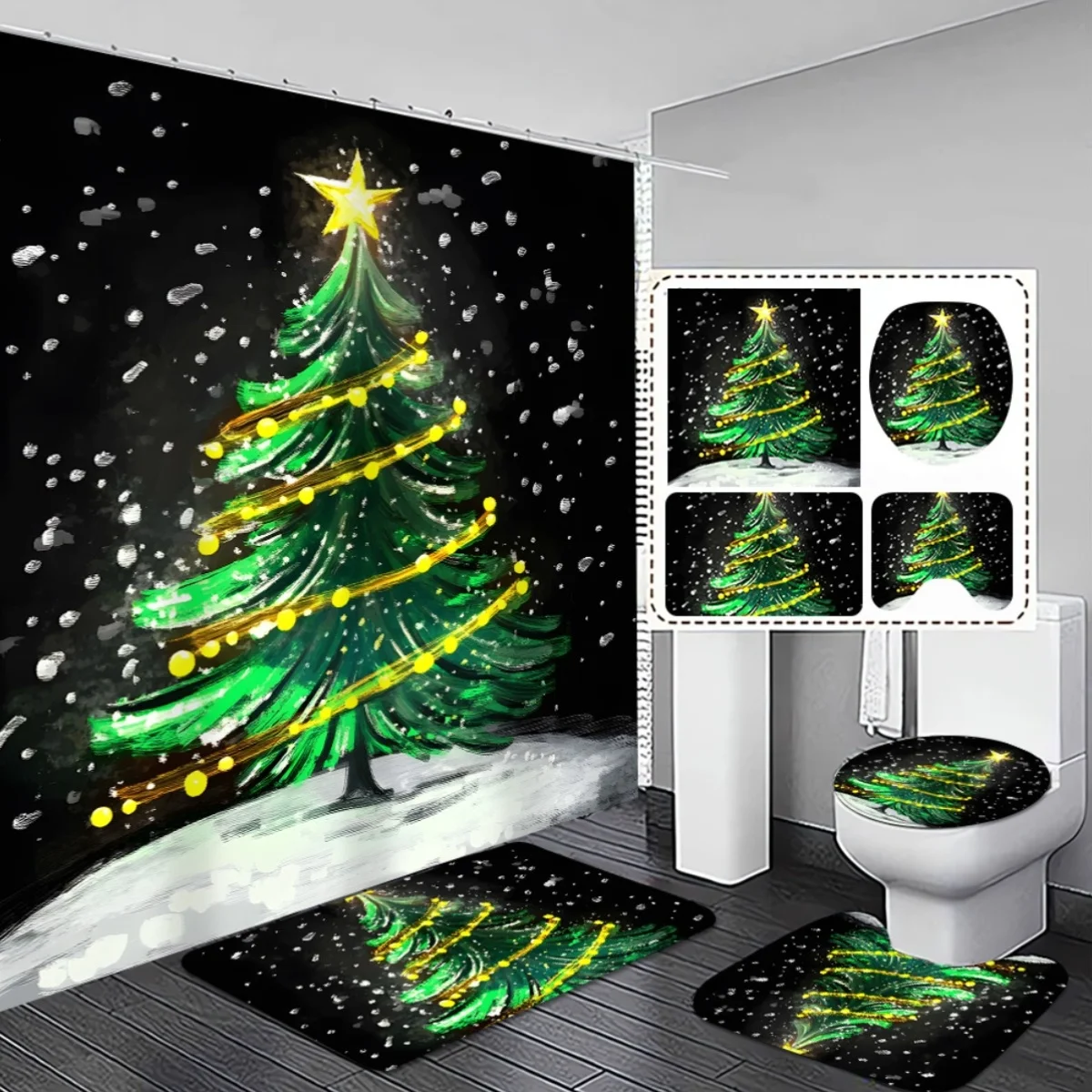 

4pcs Christmas Tree Bathroom Decor Set - Festive Green & Golden Design with Snowy Night Scene, Durable Plastic Shower Curtai