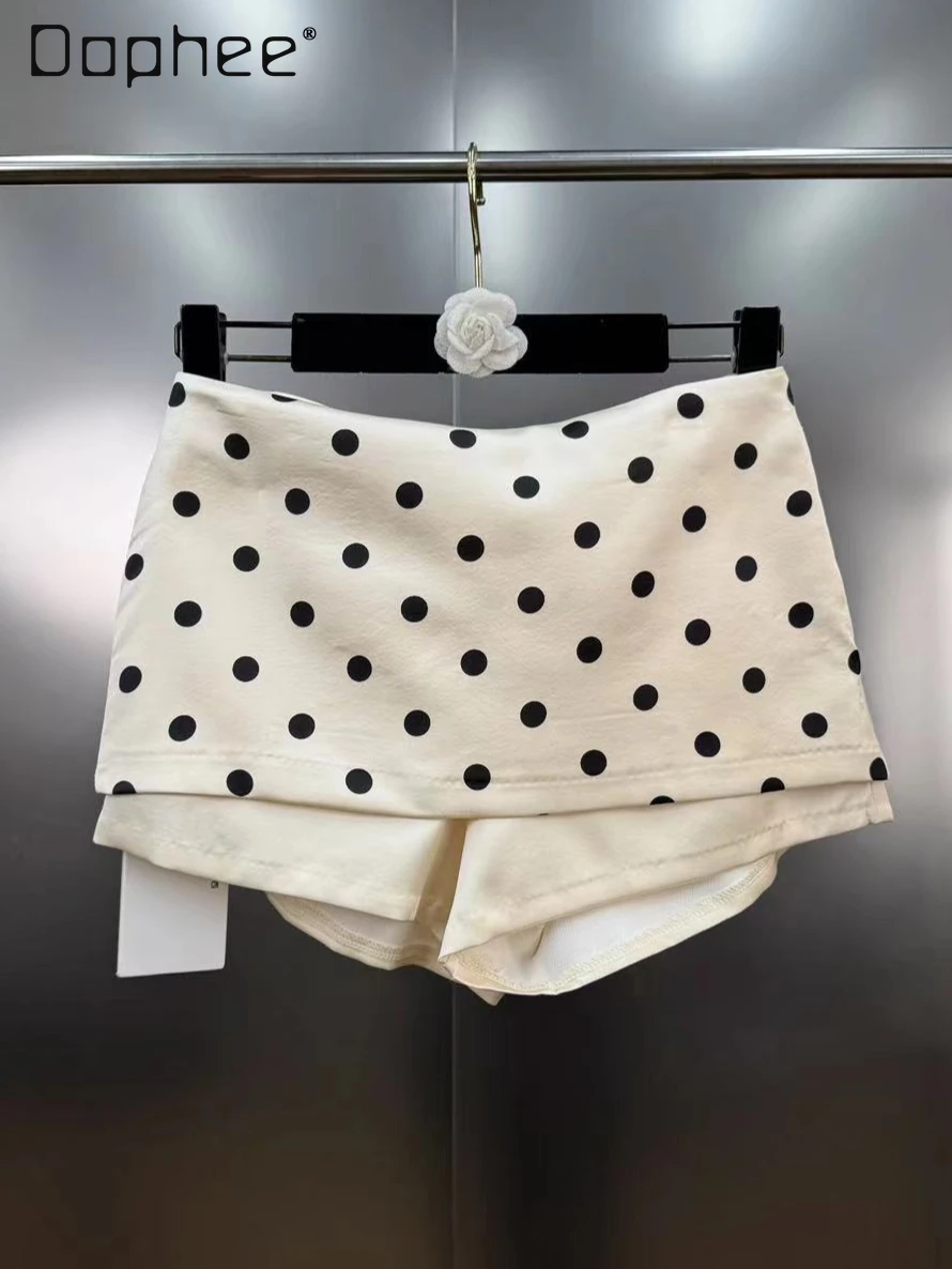 

French Retro Polka Dot Printing Fake Two-piece Split-ended Mini Skirt Korean Ins Hot Girl High Waist Slim Versatile Skirt Women