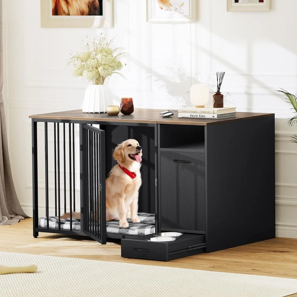 

Dog Crate Furniture with Feeder Bowls, 55" Large Breed Dog Kennel with Storage Drawer, Heavy Duty Dog House TV Stand Indoor