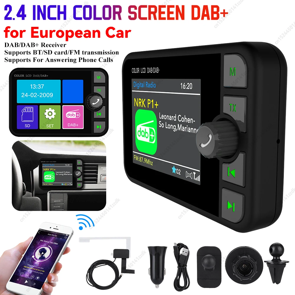 Stereo DAB/DAB+ MP3 FM Transmitter 2.4 Inch  LCD Color Screen Radio Receiver Bluetooth 5.0 Digital Broadcast Adapter for Car