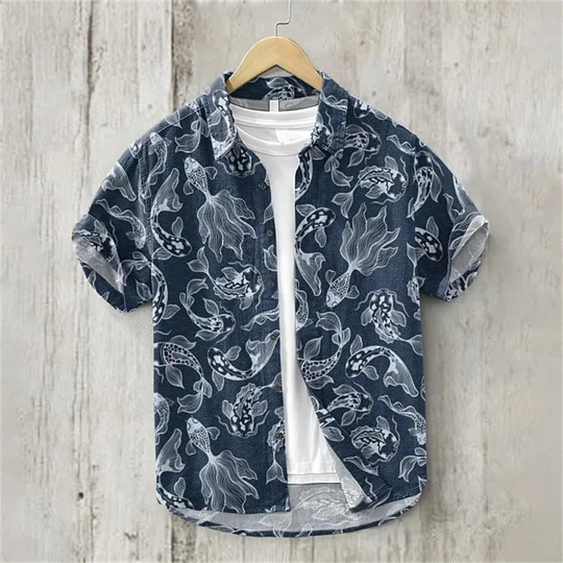 Men\'s Shirts Small Fish Eat Big Fish Linen Fashion Casual Walking Slim Hawaiian Men\'s Linen Lining HD 100% Linen Plus Size