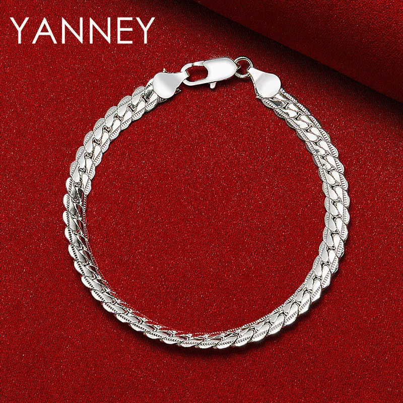 New 925 Sterling Silver 8 Inches 6MM Side Chain Women Men Hip Hop Bracelet For Fashion Wedding Engagement Gift Jewelry Party