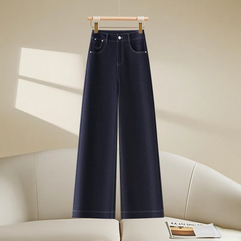 

Fashion Dark Blue Straight-Leg Jeans Spring and Autumn Style Loose Wide-Leg Pants for Petite Figures