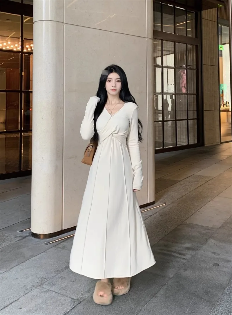 Dresses Long Sleeved Womens Dress Autumn Modal Grayish Blue Half-turtleneck Smocking Pleated Waistband Preppy College Spicy