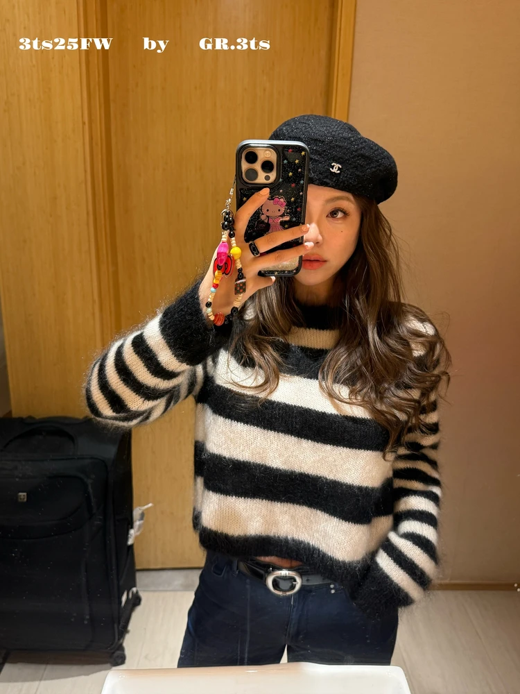 

Корейский вязаный свитер в полоску из смесовой шерсти для женщин, осенне-зимний, с длинными рукавами, круглым вырезом, повседневный модный топ