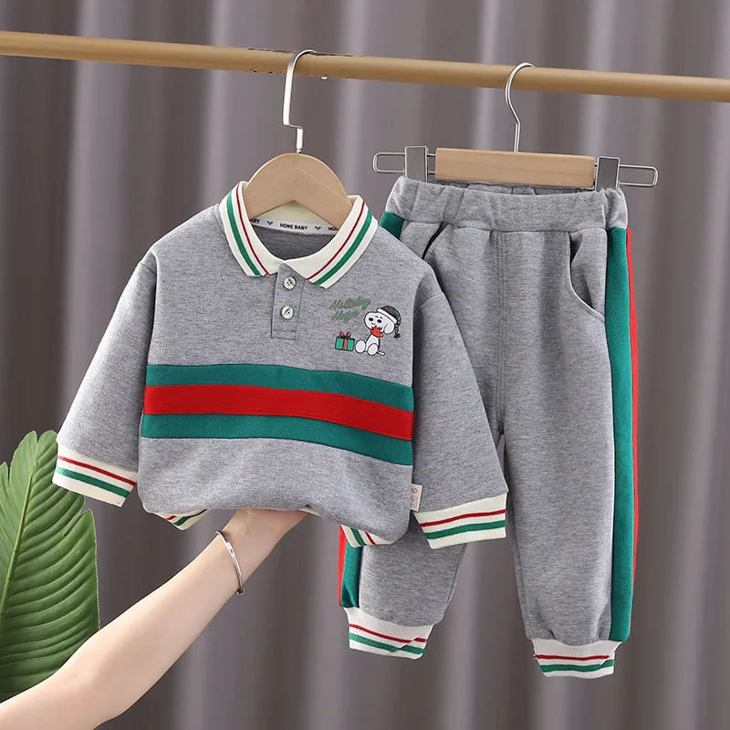 New Kids 2pcs Clothing Spring Autumn Boutique Long Sleeve Color Stitching Pullover Shirt + Pants Sport Set Baby Boys Clothes