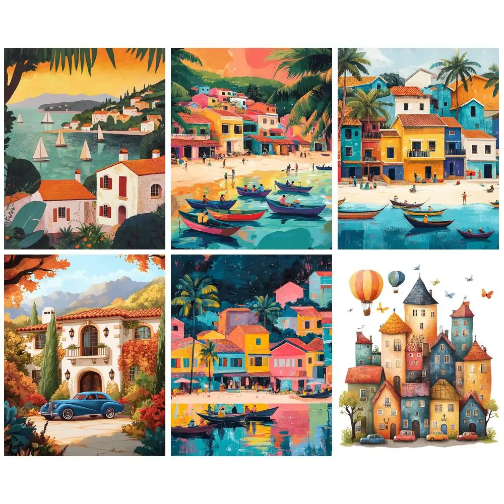 

PhotoCustom Diamond Embroidery City Landscape Diamond Rhinestones Paintings Colorful House Diamond Mosaic Needlework Home Decor