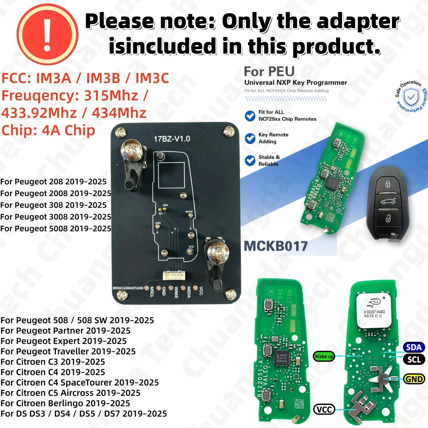 Suitable for Peugeot Smart Remote Key Adapter Mckb017, Mckb144, Compatible with Nxpkiller Keydiy Xhorse Cg Kydz Devices, No-Welding Read-Write Programming Socket