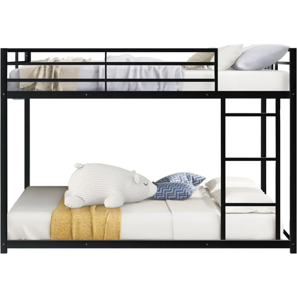 Full Over Full Bunk Bed, Heavy Duty Metal Bunk Bed Frame with Built-in Ladder and Safety Guard Rail, Low Bunk Bed