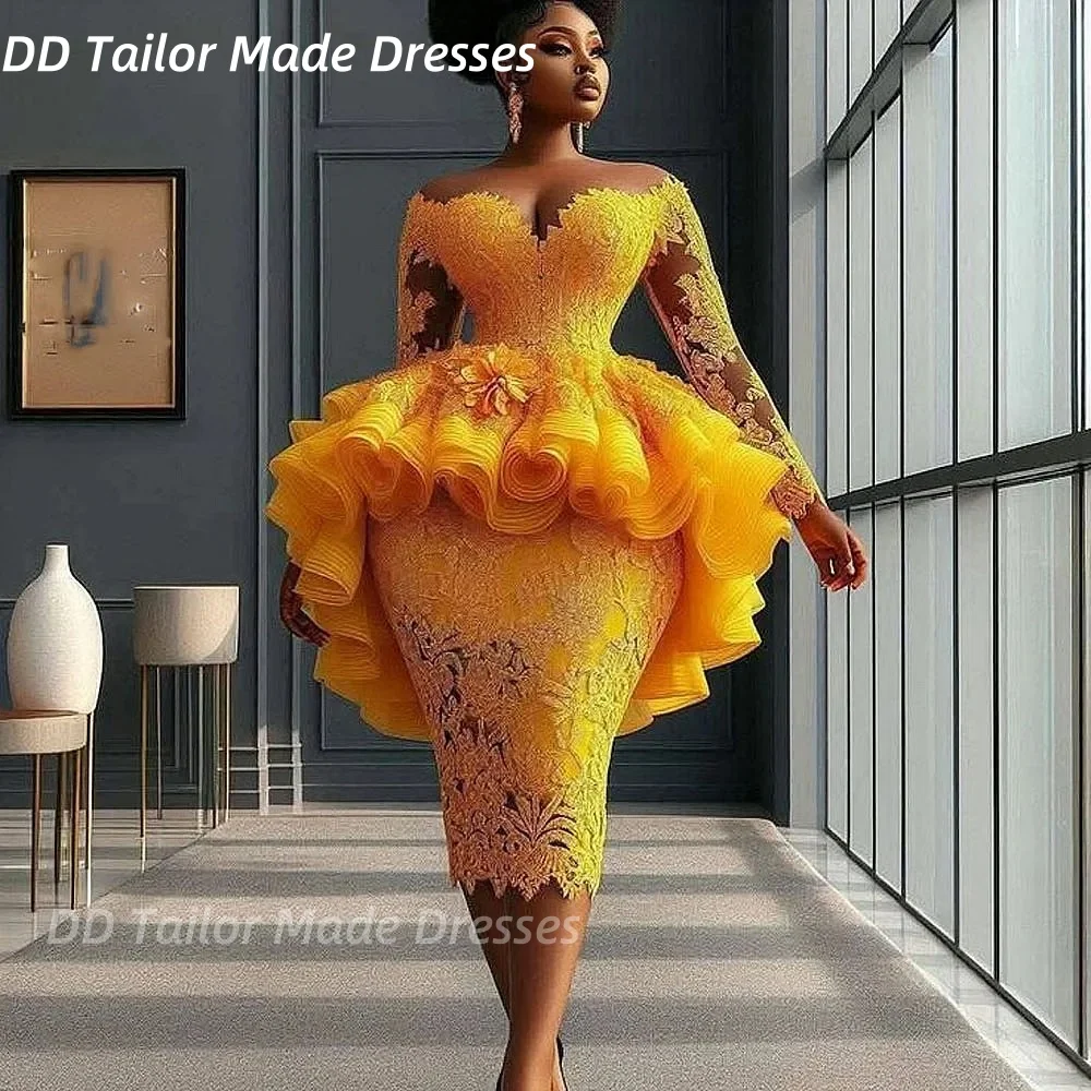 African Aso Ebi Lace Prom Dress Tea-Length Orange-Gold Off Shoulder Long Sleeves Party Gown With Ruffles Peplum Customized