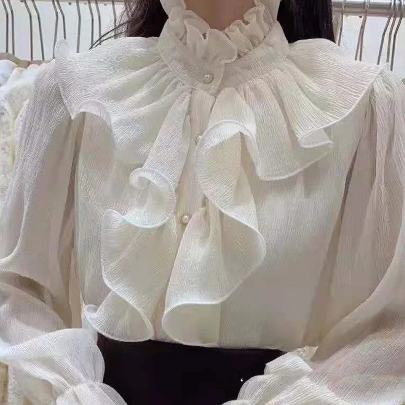 Spring Flare Long Sleeve Chiffon Shirt 2024 Ruffle Stitching Palace Blouse Women Buttons Ruched Loose New Stand Collar Top 12946