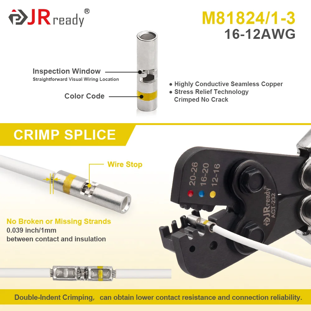 JRready ST6385-12-10  Yellow Heat-Shrink Crimp Butt Splice 16-12 AWG (M81824/1-3 Equivalent), Waterproof Solderless Connector