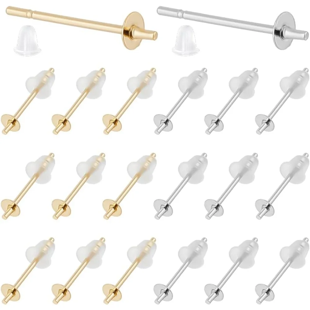 

200pcs 2 Colors Pearl Cup Earring Post Stainless Steel Stud Earring Findings for Half Drilled Beads with 200pcs Plastic Ear Nuts