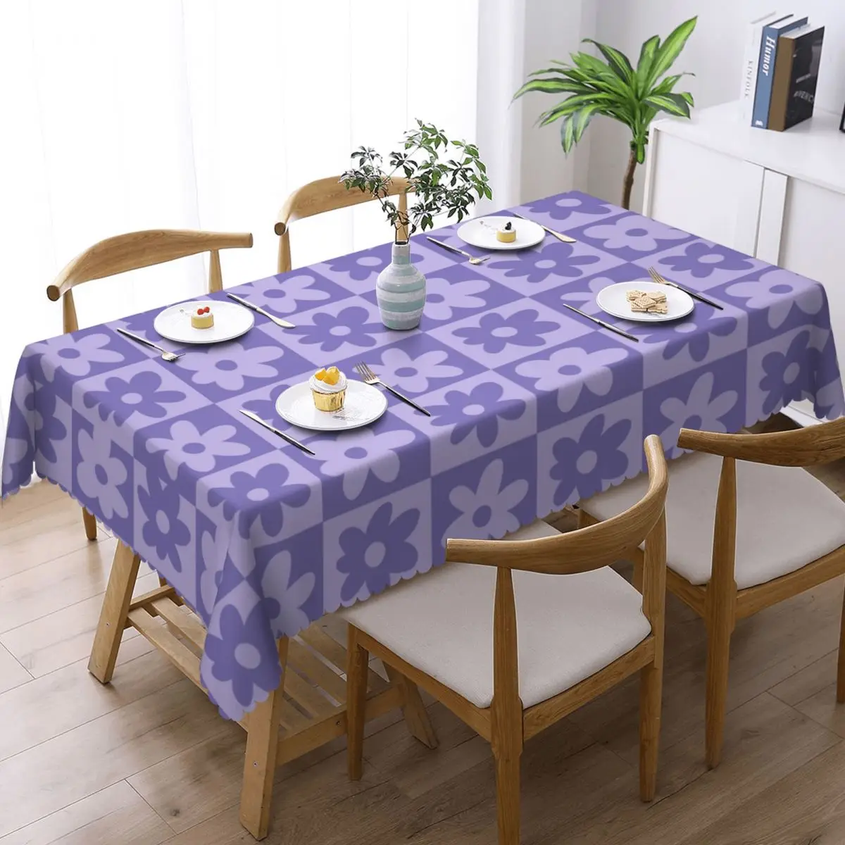 Custom Rectangular Oilproof Periwinkle Purple Daisy Checkered Pattern Table Cover Table Cloth Tablecloth for Picnic